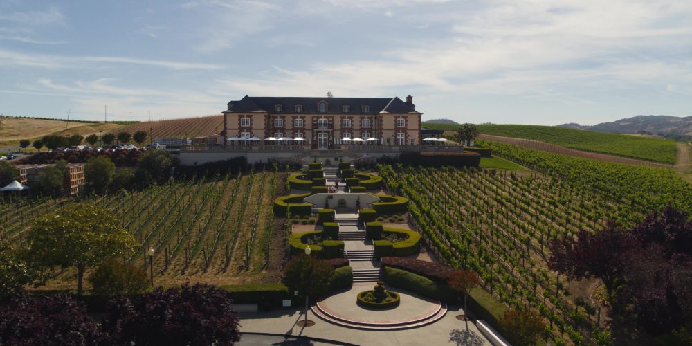 Large chateau-style building situated amidst neatly organized vineyards.