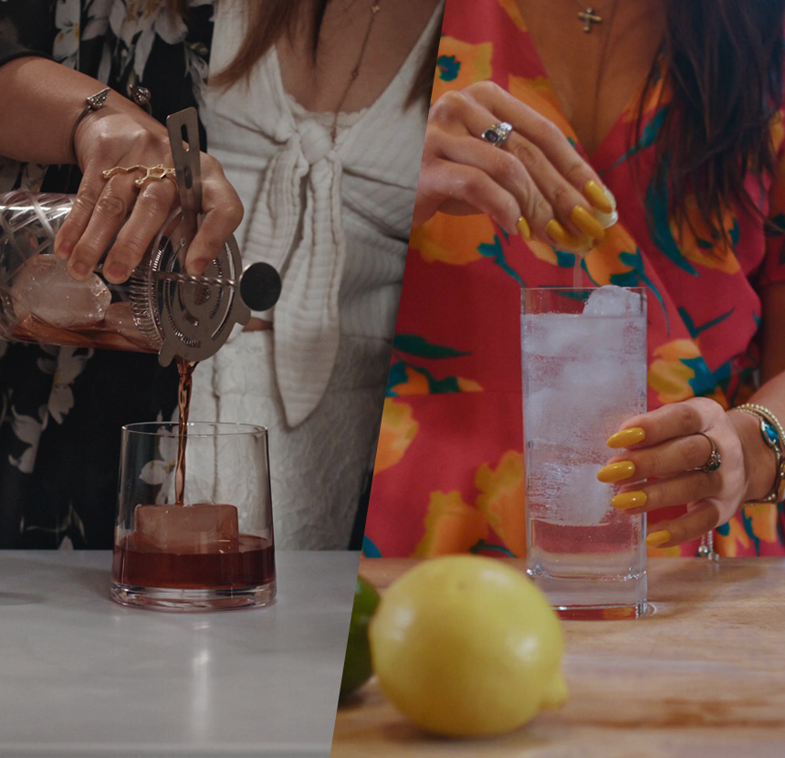Hands making alcoholic drinks